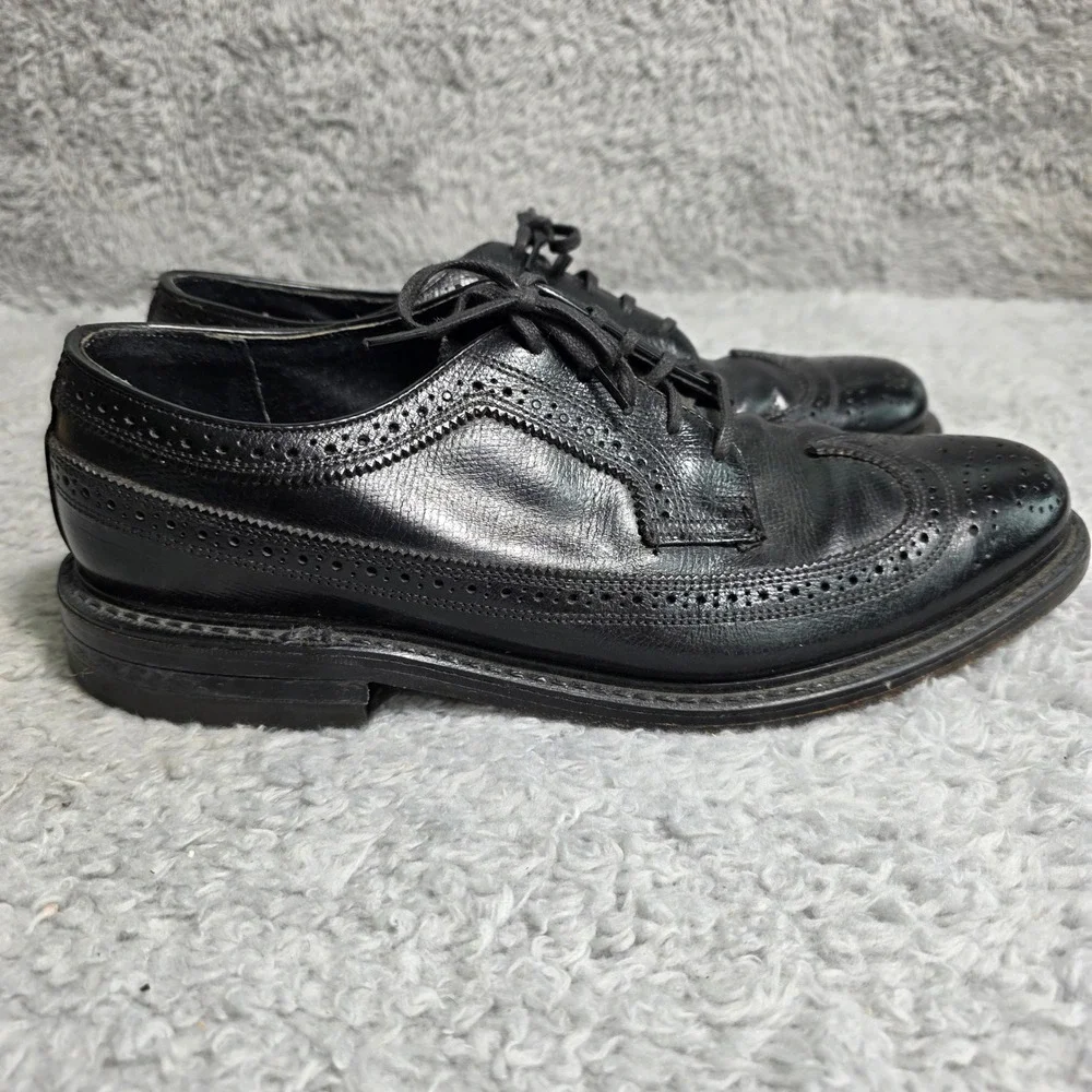 VTG Florsheim Longwing Wingtip 75675 Derby Black Leather Brogue Shoes Mens 8.5 D